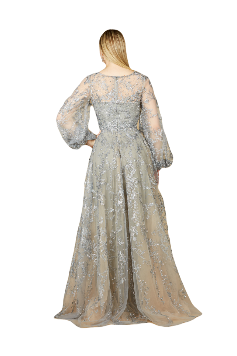 V Neckline Balloon Sleeve Gown, Alternate, color, Stone