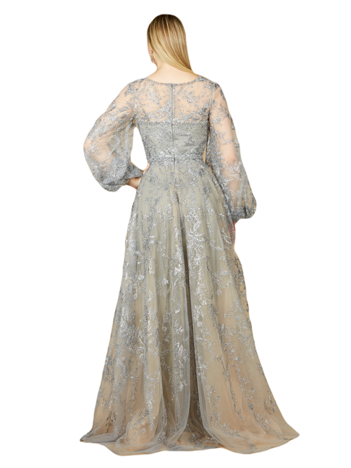 Lara New York V Neckline Balloon Sleeve Gown In Stone
