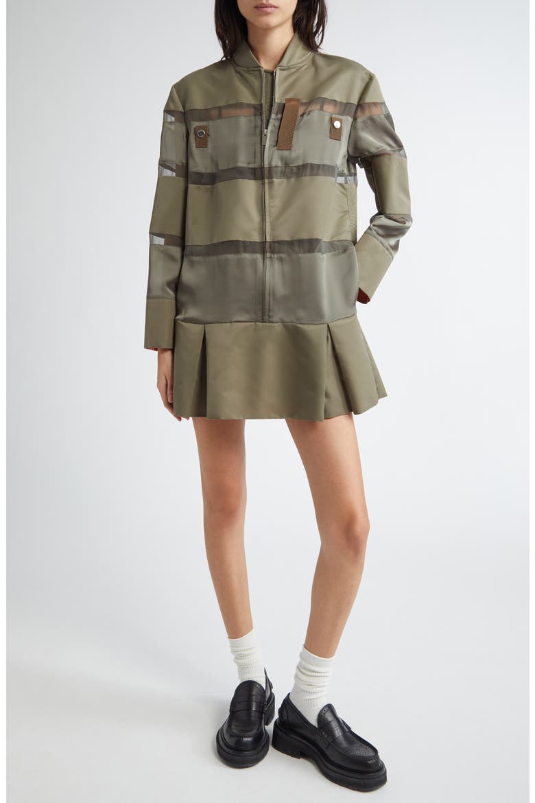 Long Sleeve Colorblock Stripe Mixed Media Bomber Dress, Main, color, TAUPE