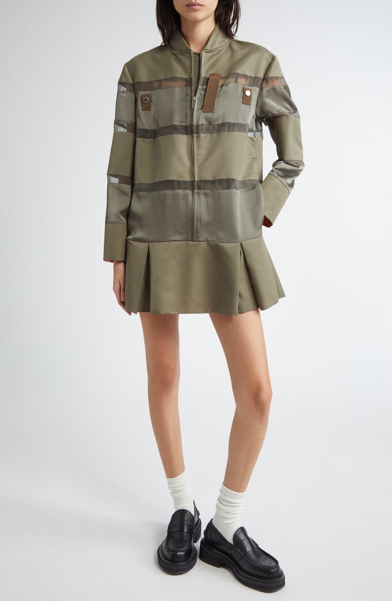 Sacai Long Sleeve Colorblock Stripe Mixed Media Bomber Dress, Main, color,