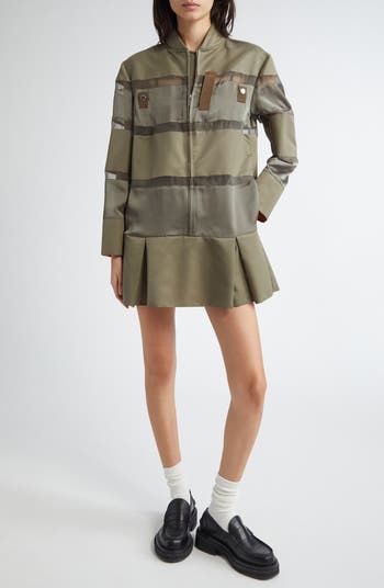 Sacai Long Sleeve Colorblock Stripe Mixed Media Bomber Dress