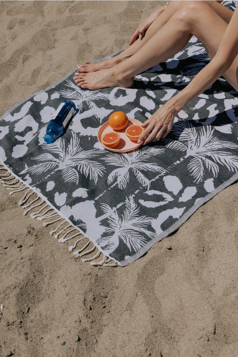 Leopard Palm Organic Turkish Towel, Alternate, color, Black
