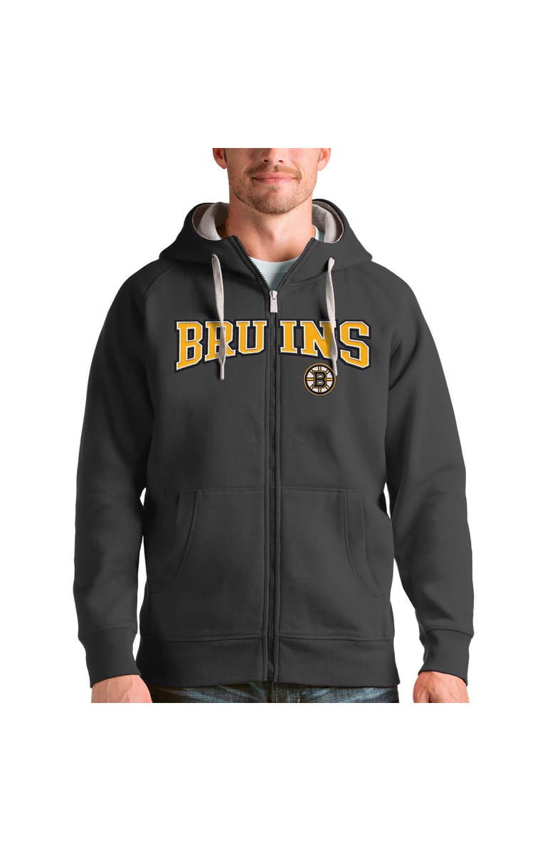 ANTIGUA Men's Antigua Charcoal Boston Bruins Wordmark Victory Full-Zip Hoodie, Main, color, 