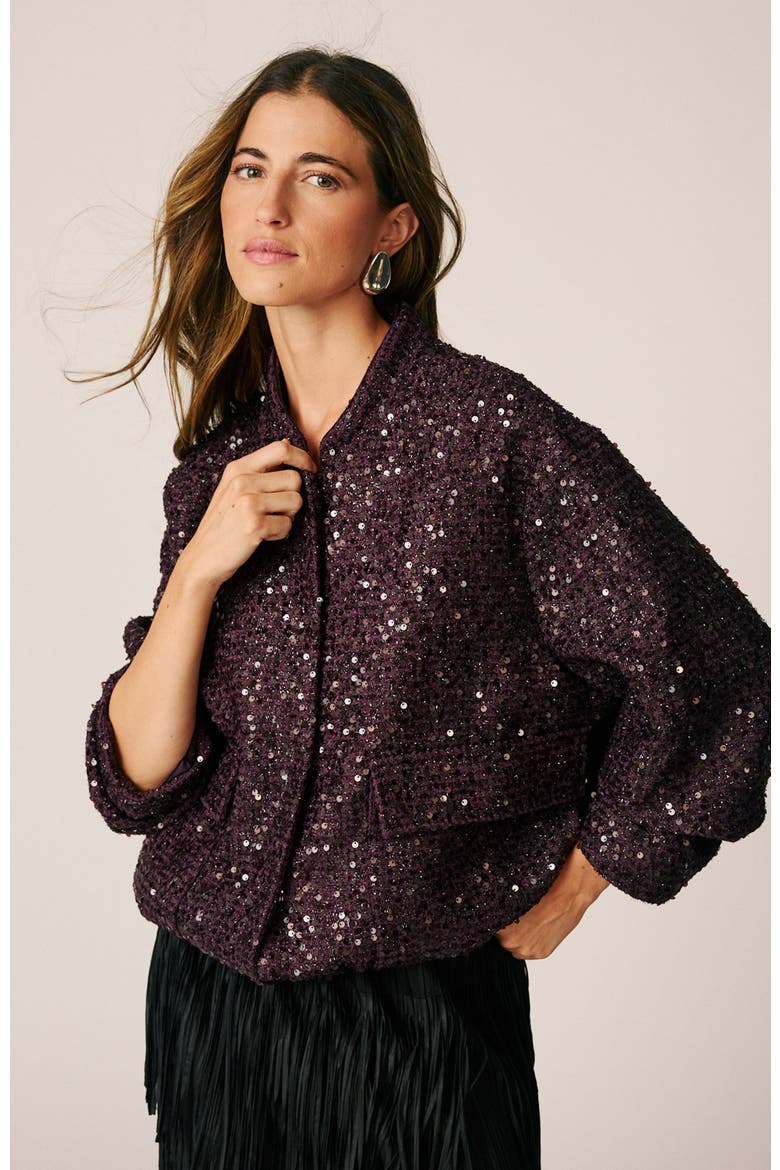 Sequin Bomber Jacket, Alternate, color, Aubergine