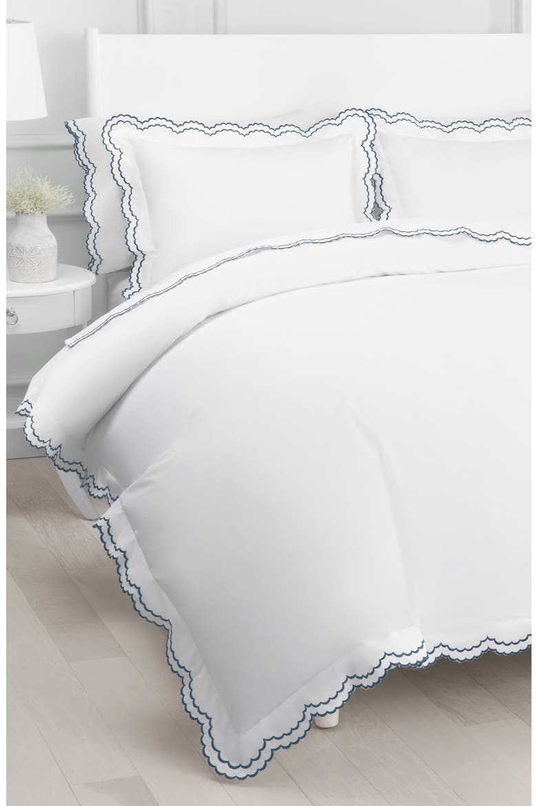 Scalloped Embroidered Cotton Duvet Set, Main, color, WHITE/ NAVY