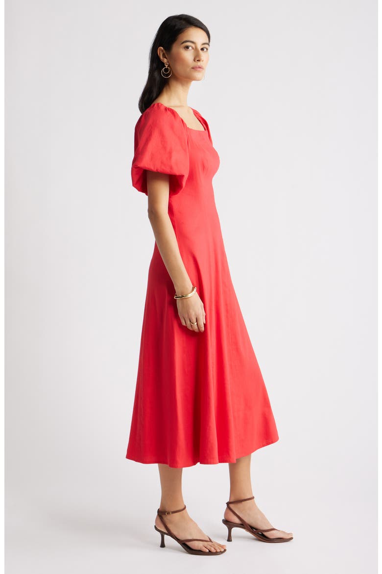 Seam Detail Linen Blend Midi Dress, Alternate, color, RED SAUCY