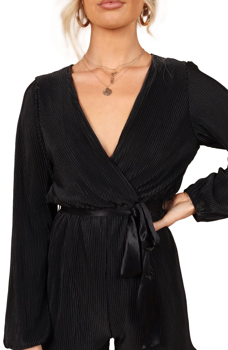 Petal & Pup Minelli Pleated Long Sleeve Romper, Alternate, color, Black