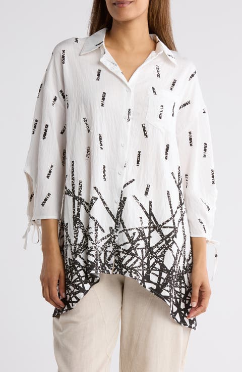 Border Print Button-Up Tunic Shirt