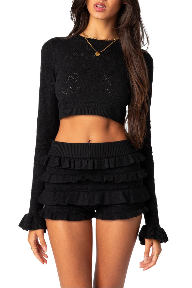 Delana Ruffle Cuff Pointelle Crop Sweater, Main, color, BLACK