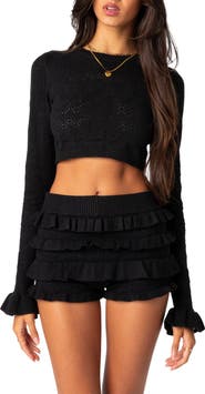 EDIKTED Delana Ruffle Cuff Pointelle Crop Sweater