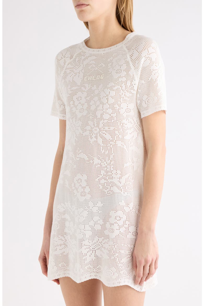 Short Sleeve Floral Pointelle Stitch Cotton Minidress, Alternate, color, WHITE
