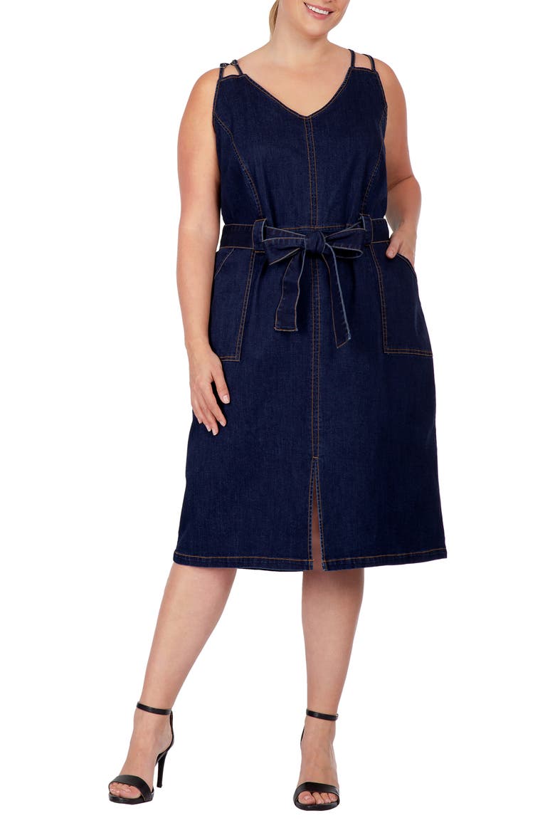 Double Strap Tie Waist Denim Midi Dress, Main, color, INDIGO RINSE