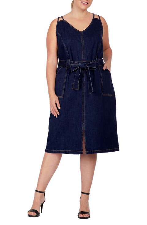 Double Strap Tie Waist Denim Midi Dress (Plus Size)
