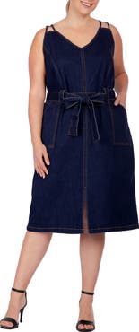 Standards & Practices Double Strap Tie Waist Denim Midi Dress
