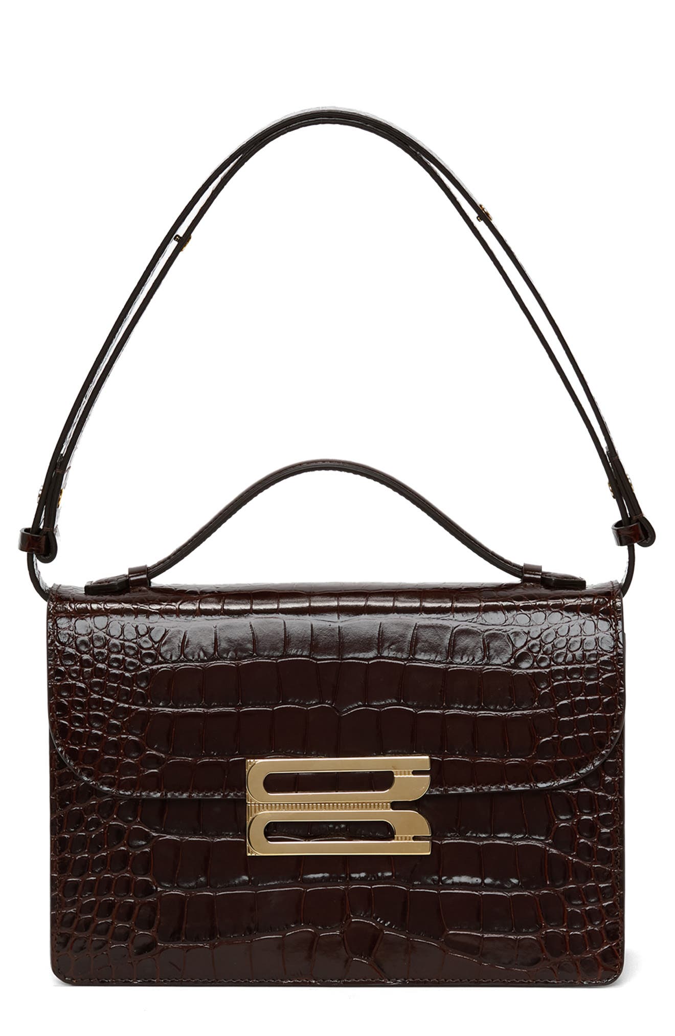 Victoria Beckham Dorian Croc Embossed Leather Shoulder Bag, Main, color, Espresso 8946
