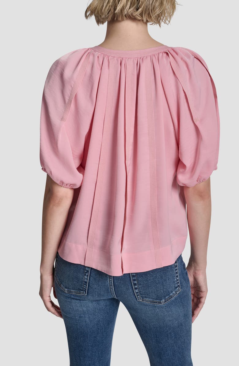 DKNY Puff Sleeve Contrast Stitch Tie Front Top, Alternate, color, Bloom Pink