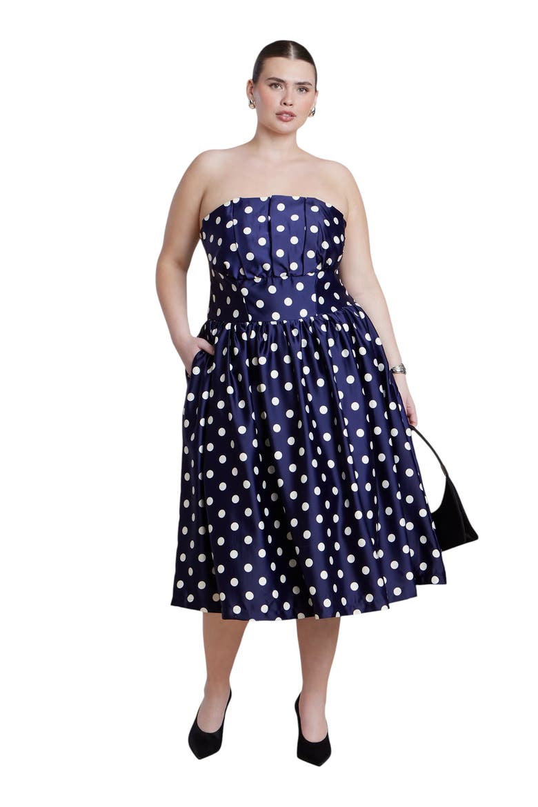 Strapless Polka Dot Flare Midi Dress, Main, color, EVENING DOT