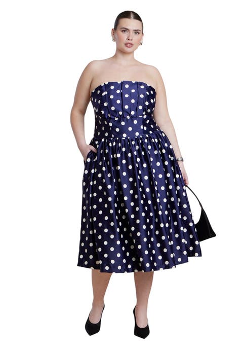 Strapless Polka Dot Flare Midi Dress