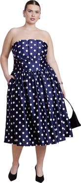 ELOQUII Strapless Polka Dot Flare Midi Dress