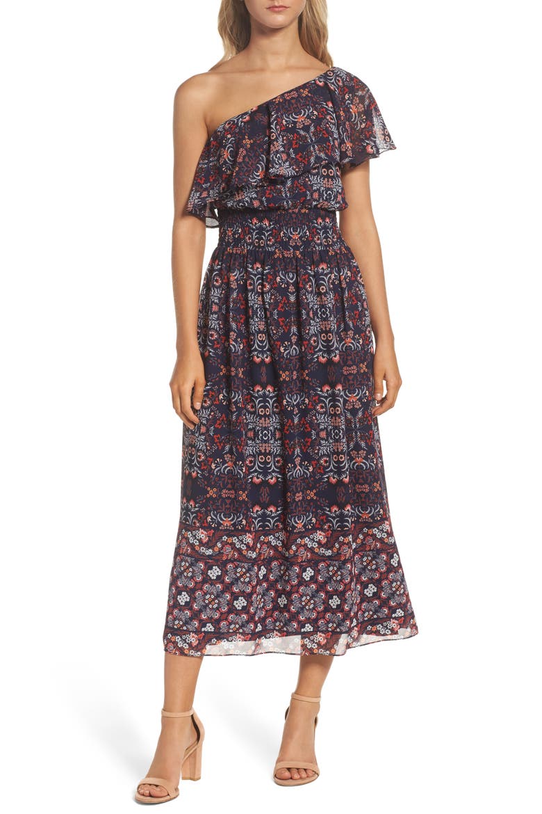 One-Shoulder Midi Dress, Main, color, NAVY MULTI