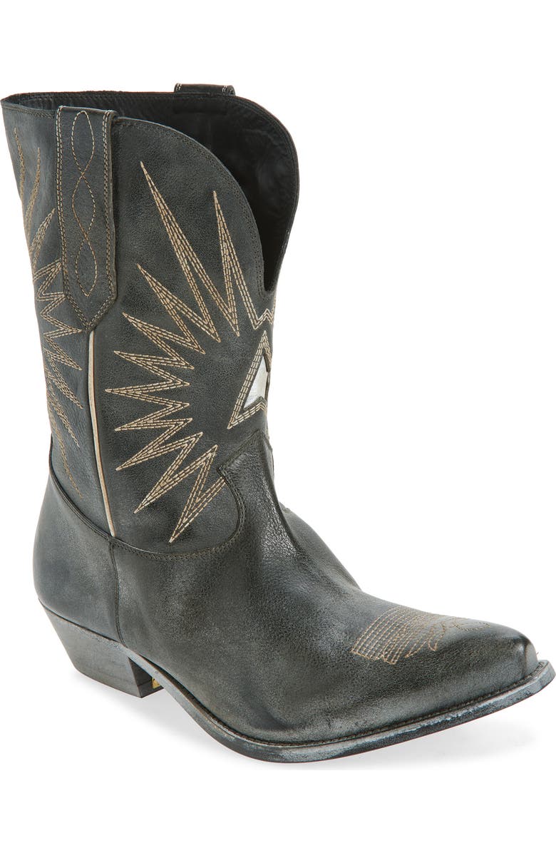 Golden Goose Wish Star Short Western Boot, Main, color, Black/ Ecru/ Silver