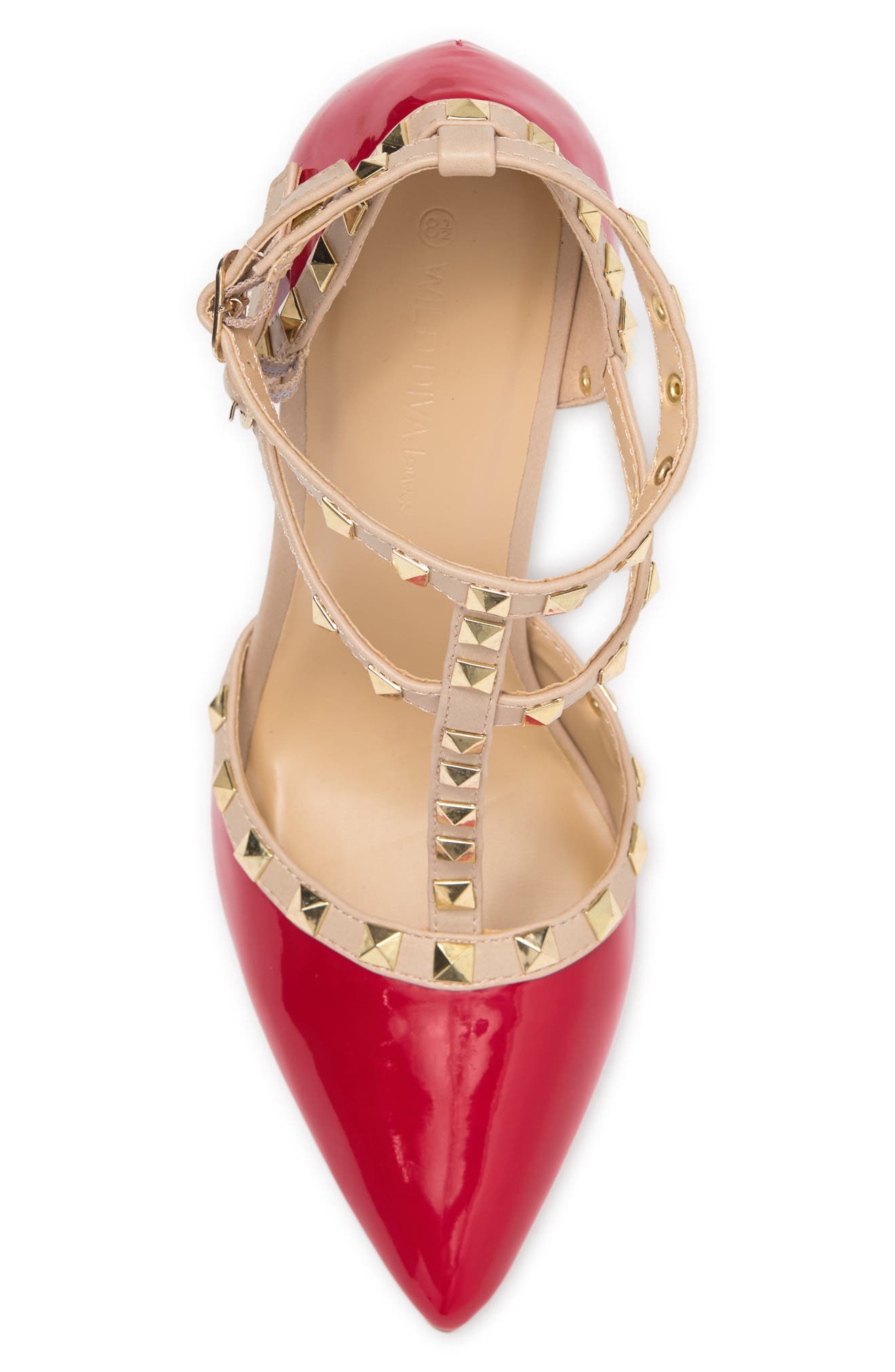 Studded T-Strap Stiletto Pump, Alternate, color, RED