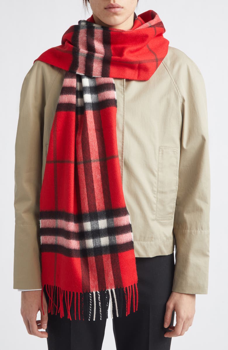 Burberry Giant Check Cashmere Scarf, Alternate, color, Post Red