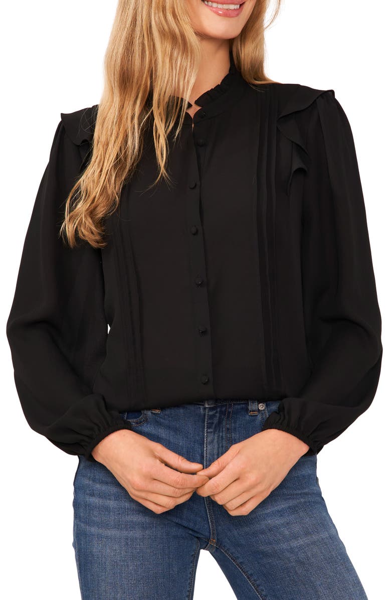 CeCe Pintuck Ruffle Button-Up Blouse, Main, color, 
