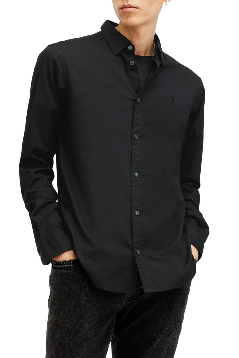 Hawthorne Solid Stretch Cotton Button-Up Shirt, Main, color, BLACK