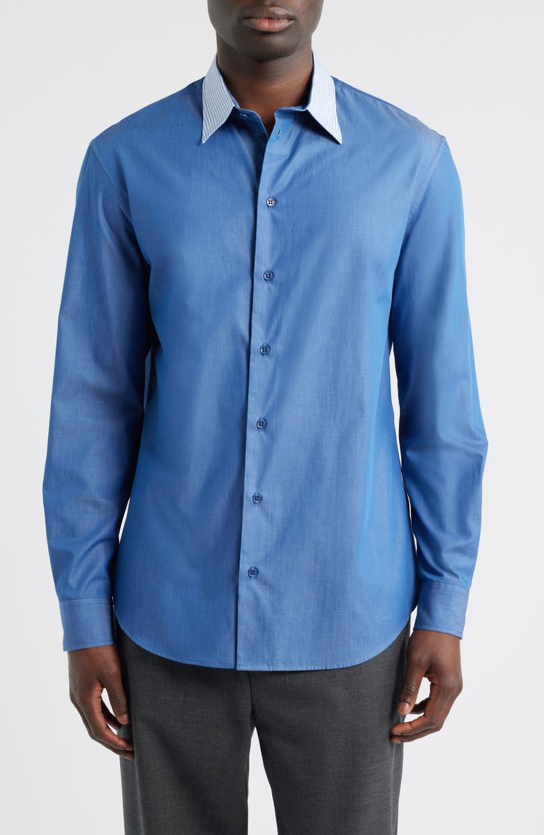 Emporio Armani Blue Cotton Button-Up Shirt with Pinstripe Collar, Main, color, Solid Bright Blue