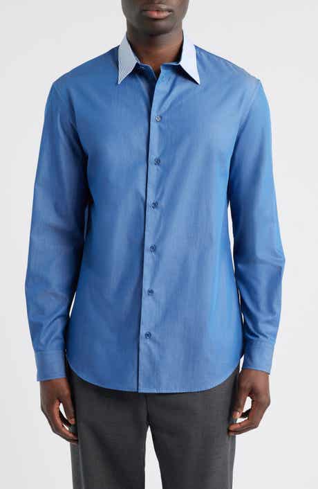 Blue Cotton Button-Up Shirt with Pinstripe Collar