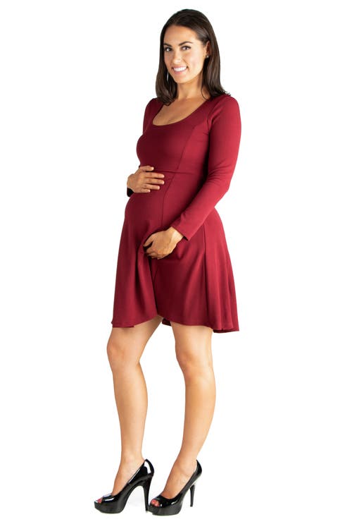24seven Comfort Apparel Long Sleeve Knee Length Maternity Skater Dress In Red