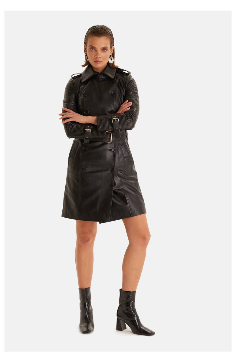 Furniq UK Greenwich Leather Trench Coat, Alternate, color, Black