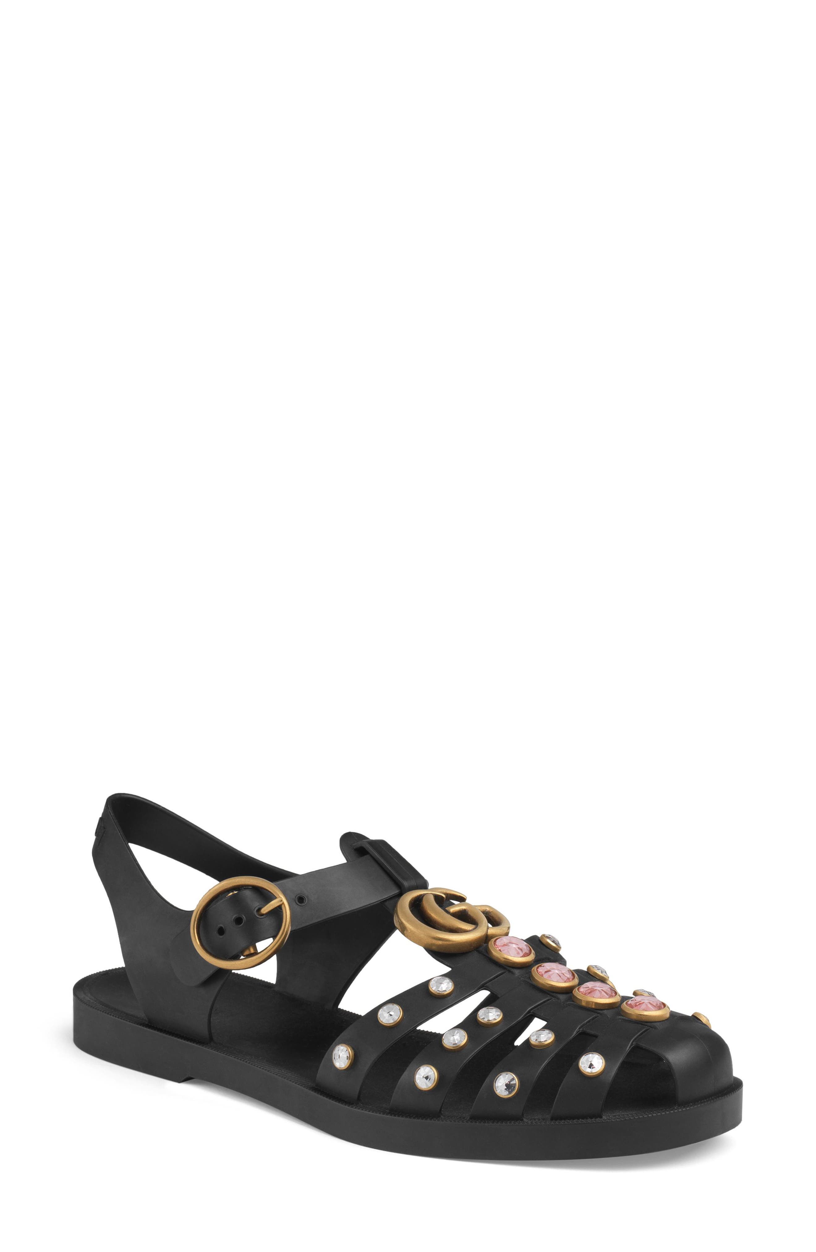 Marmont Crystal Embellished Fisherman Sandal, Main, color, BLACK