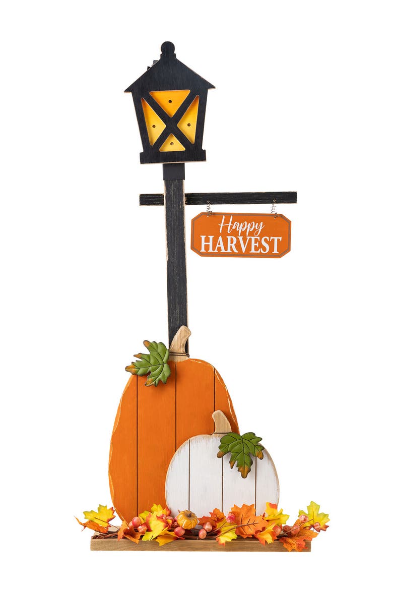 Fall Thanksgiving Lighted Wooden Lamp Post Porch Decor, Main, color, Black