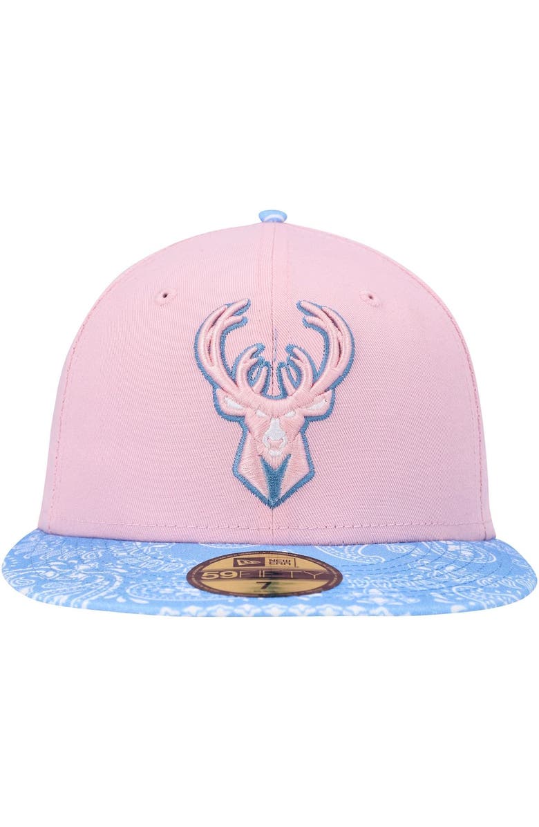 New Era Men's New Era Pink/Light Blue Milwaukee Bucks Paisley Visor 59FIFTY Fitted Hat, Alternate, color, 
