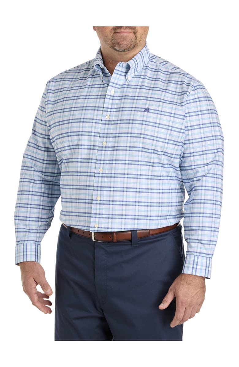 B+T Essentials Fit by Dxl Big & Tall Non-Iron Plaid Oxford Sport Shirt, Alternate, color, Hydrangea Navy
