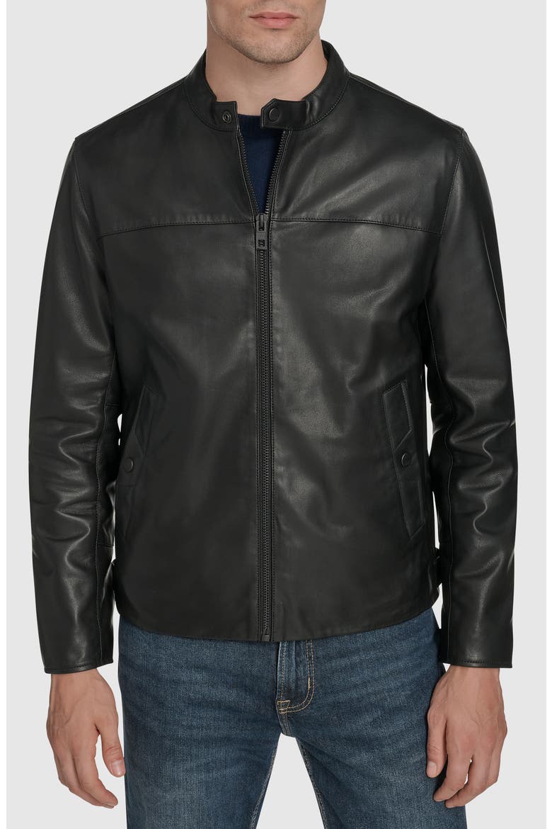 Leather Racer Jacket, Main, color, BLACK
