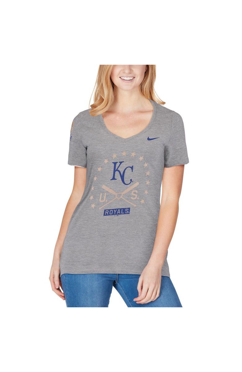 Nike Kansas City Royals Nike Women's Armed Forces Tri-Blend V-Neck T-Shirt - Heather Gray, Alternate, color,