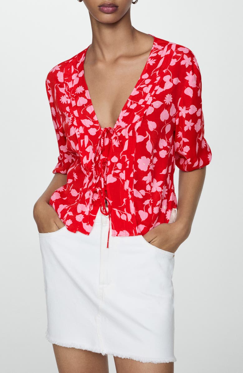 MANGO Floral Tie Front Shirt, Alternate, color, Red