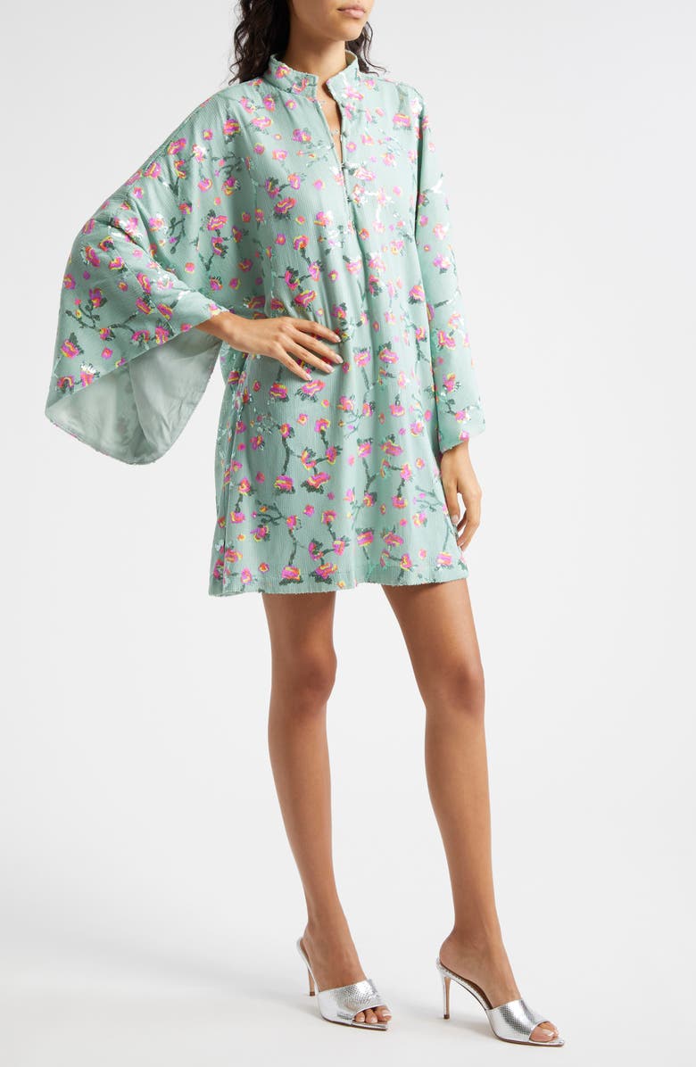 La Vie Style House Floral Sequin Bell Sleeve Cover-Up Dress, Alternate, color, Mint Pink Multi