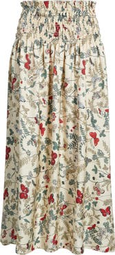 THE GREAT. The Canary Floral A-Line Silk Midi Skirt