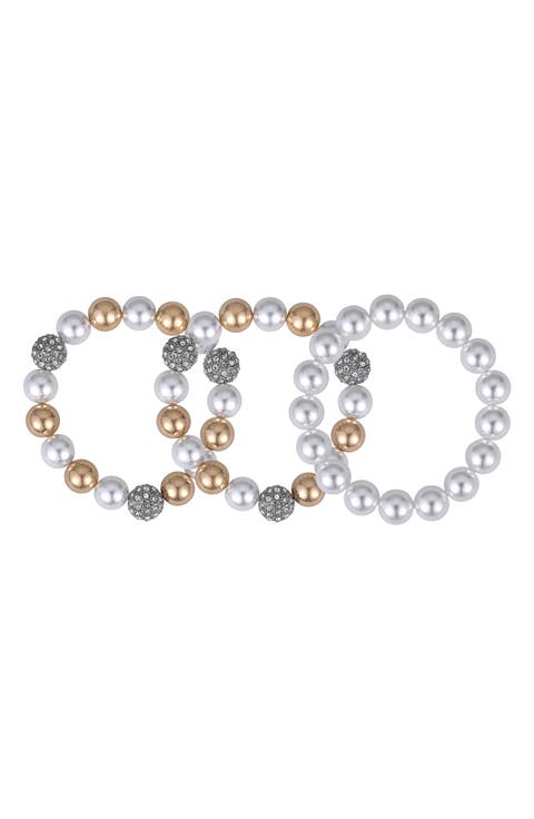 Set of 3 Faux Pearl & Crystal Fireball Stretch Bracelets