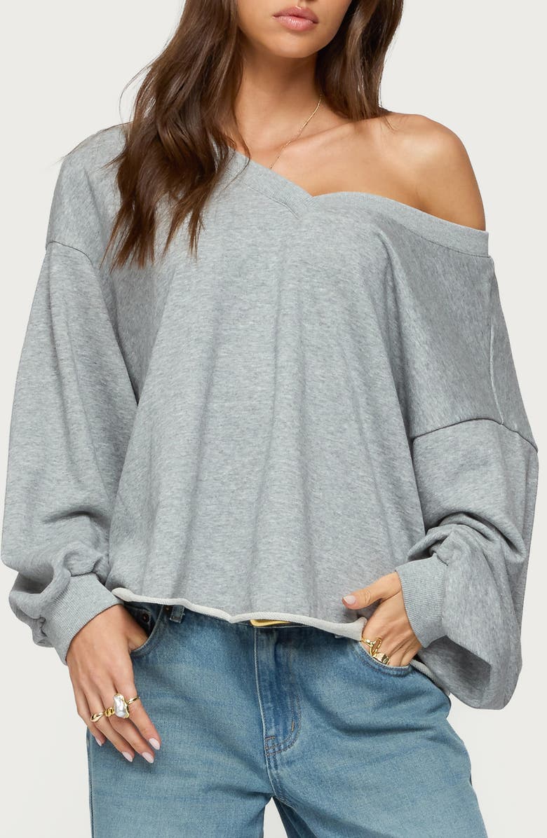 EDIKTED Winfred Oversize One-Shoulder Sweatshirt, Main, color, Gray-Melange