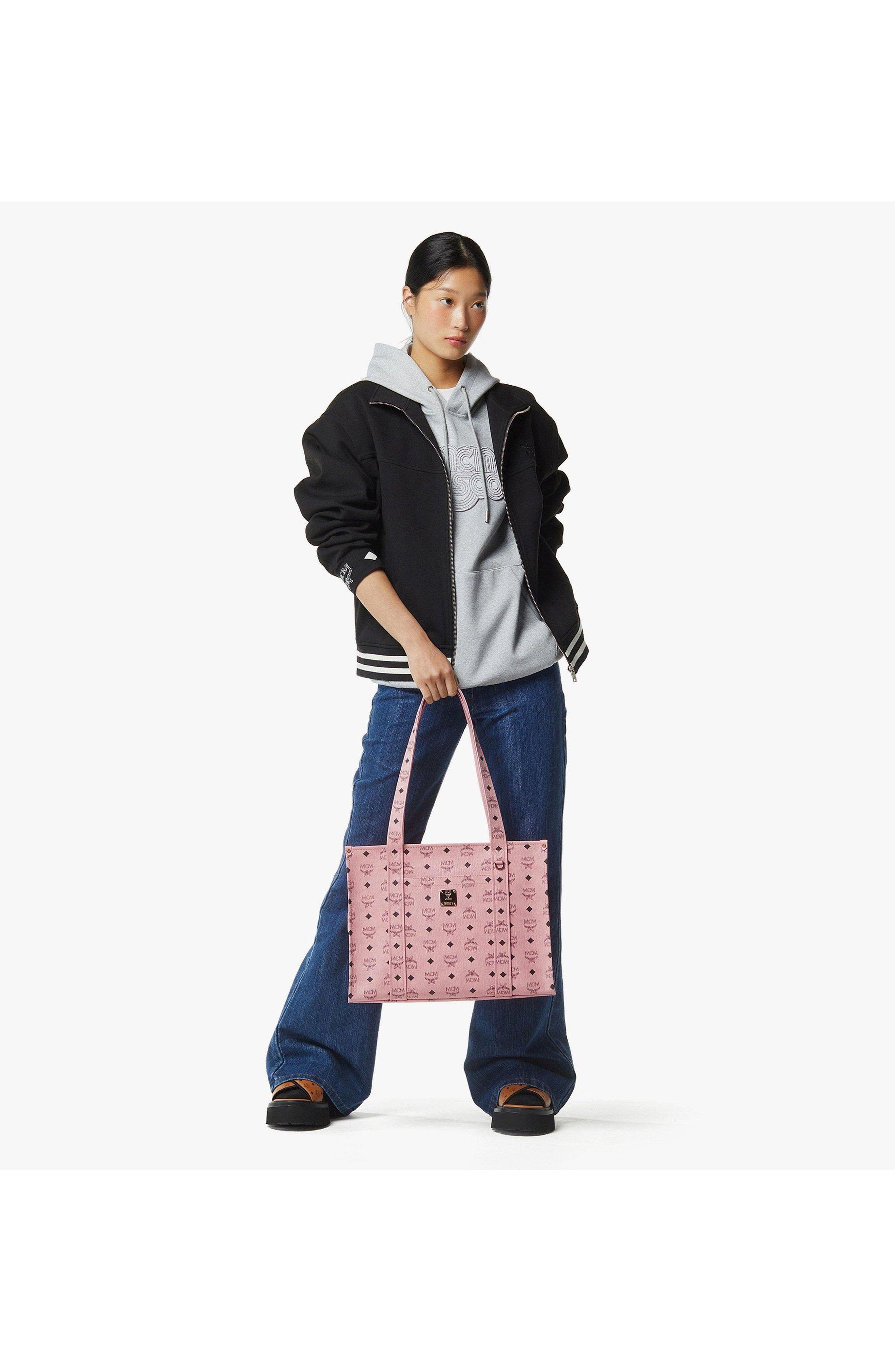 MCM Aren School Bag Tote in Visetos, Alternate, color, Soft Pink