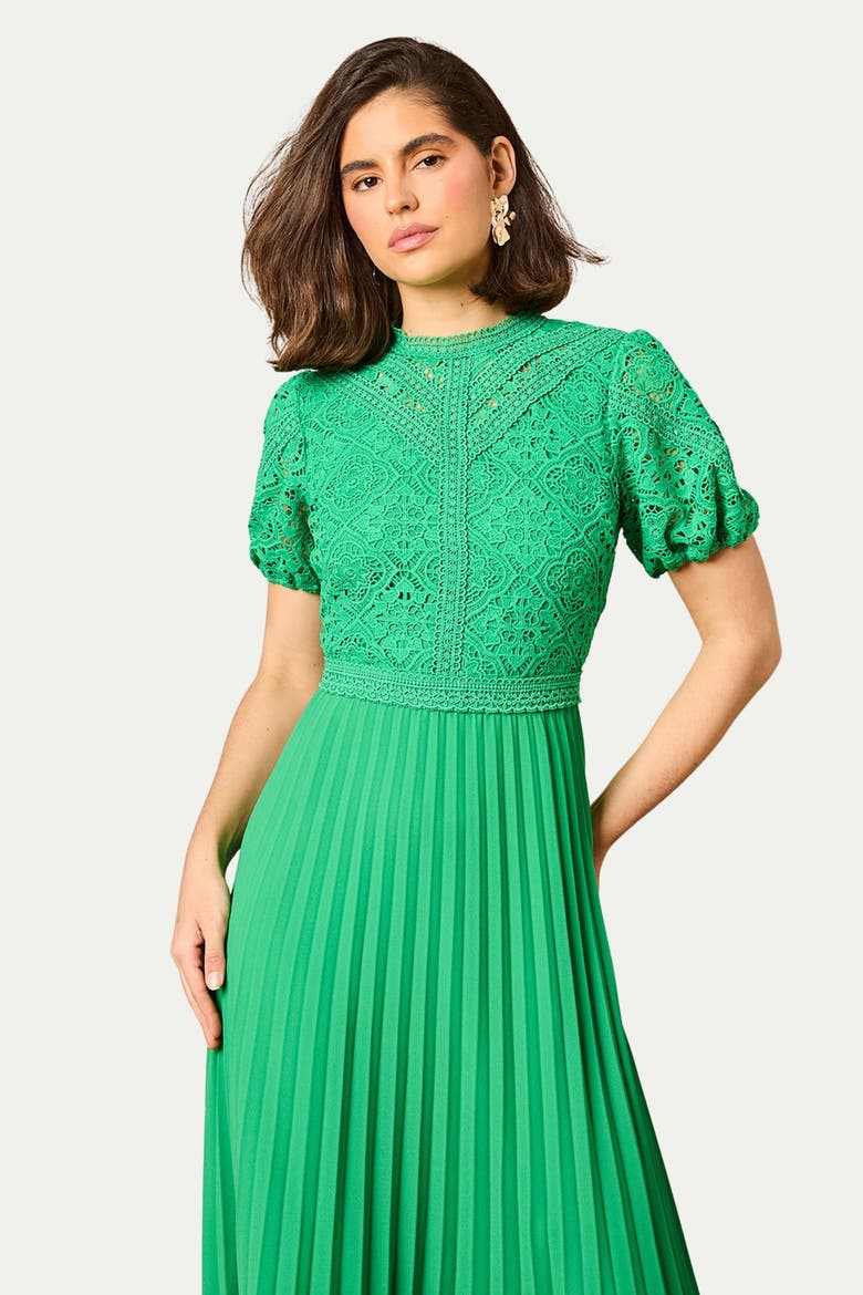 Lace Puff Sleeve Pleated Midi Dress, Alternate, color, Bright Green
