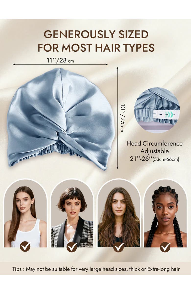 SILKSILKY 22Momme Pure Silk Knot Front Hair Bonnet with Adjustable Button Design, Alternate, color, Steelblue