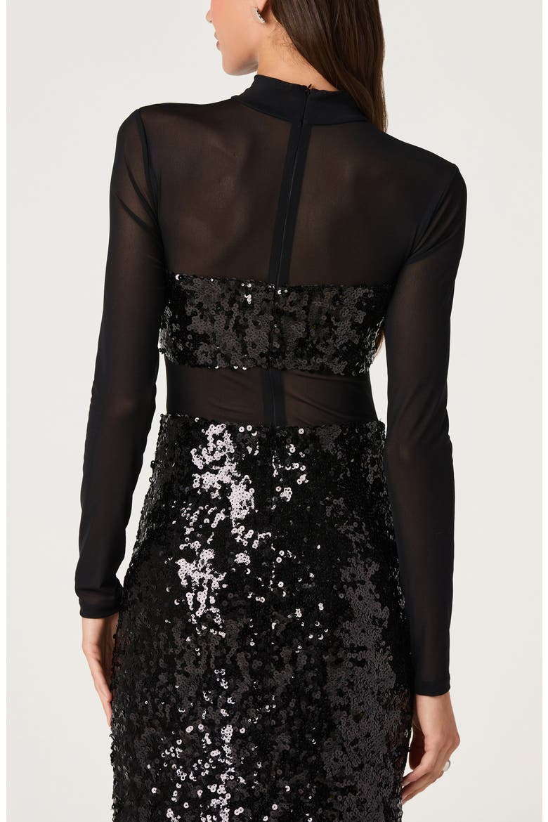 Daja Sequined Mock Neck Long Sleeve Midi Dress, Alternate, color, BLACK