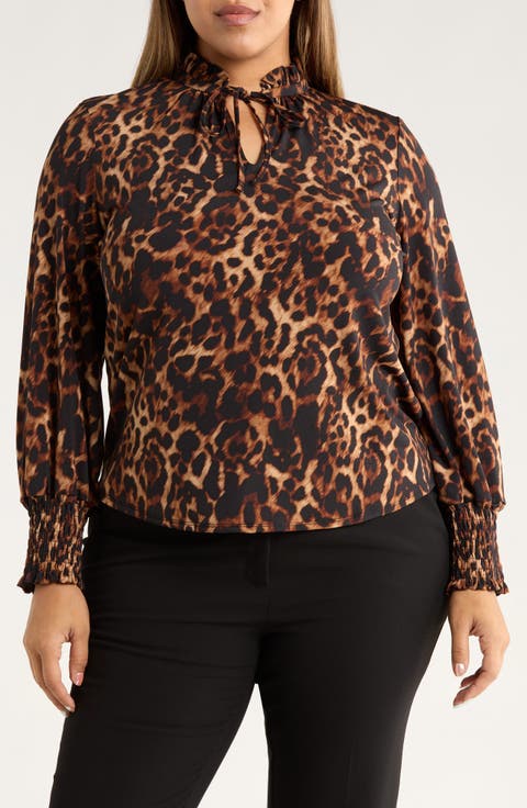 Leopard Print Ruffle Neck Knit Top (Plus)