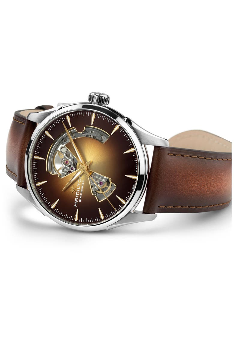 Jazzmaster Open Heart Automatic Leather Strap Watch, 42mm, Alternate, color, BROWN